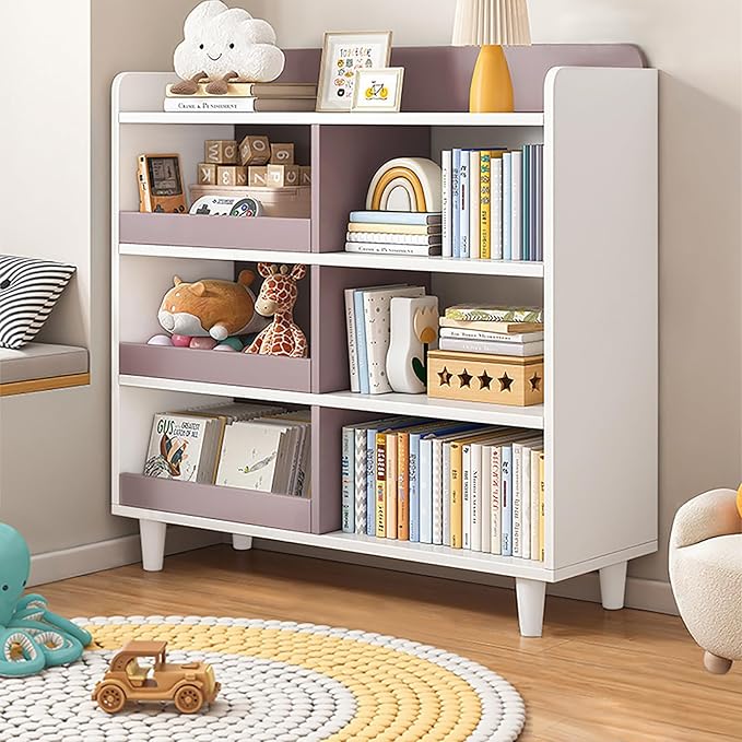 Wooden Cube Bookcase with Legs - 3-Tier Open Shelf Kidsroom Sorted Storage Cabinet Organizer for Books and Toys, 6-Cube Lattice Cute Cubby Bookshelf in White Mixed Mocha Brown, 32" W