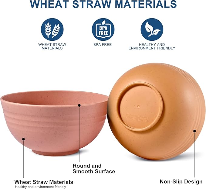 HOTEC BPA Free Unbreakable Wheat Straw Cereal Bowls - Microwave & Dishwasher Safe Soup and Salad Bowls, Set of 8, 26oz, Multicolor