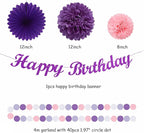 Purple Pink Birthday Party-Decorations Paper-Flowers - 14pcs Happy Banner Lavender Lanterns Tissue Pom Poms,Lilac Streamers Garland Fans Honeycomb,Women Girls Adult Kids Hanging Supplies Decor Hugfond