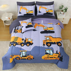 JQinHome Construction Twin Bedding Sets for Boys Kids,6 Piece Bed in A Bag 3D Cartoon Car Excavator Tractor Comforter Set with Sheet Set,Trucks Cars