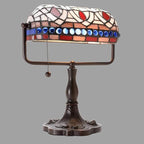 Warehouse of Tiffany KS20+MB50 12-inch Stained Glass Blue Gemstones Desk Lamp, Brown
