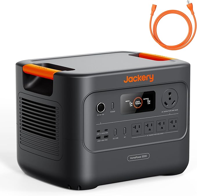 Jackery HomePower 3000 Portable Power Station with AC Cable, 3600W (Surge 7200W) Output, 3072Wh LFP Solar Generator, Essential Home Backup for Home Use, Power Outage (Solar Panel Optional)