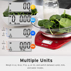 Etekcity Food Kitchen Scale with Bowl, 0.1g, Grams and Ounces | 11lb/5kg capacity with tare, removable bowl, ideal for baking, coffee, meal prep and portion control, Stainless Steel, Red
