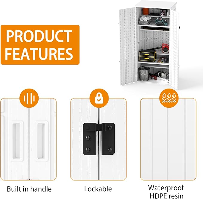 Outdoor Storage Cabinet with 4 Shelves,31.5" x 23.23" x 66.22" White Waterproof Shed,Waterproof Resin Vertical Tool Shed, Lockable 30 cu.ft. Storage Shed for Patio, Garden, Yard, White