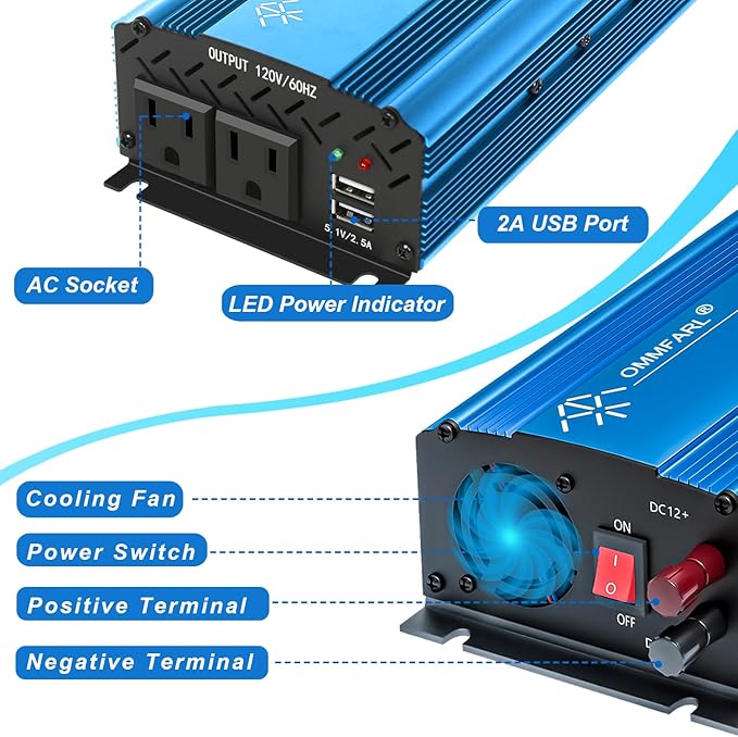 750W Modified Sine Wave Power Inverter DC 12V to AC 110V, Peak 1500 Watt, Car Plug Inverter Adapter Power Converter with 4.2A Dual USB Charging Ports and 2 AC Outlets Car Charger Blue