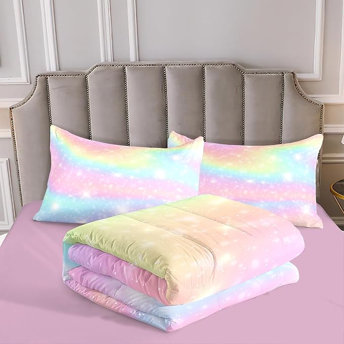 Kids Comforter Bedding Set 3 Piece Super Soft Breathable Print Kids Bedding Sets for Girls, Machine Washable Durable Comforter Set with Comforter with 2 Pillowcases(Twin, Gradient Color)