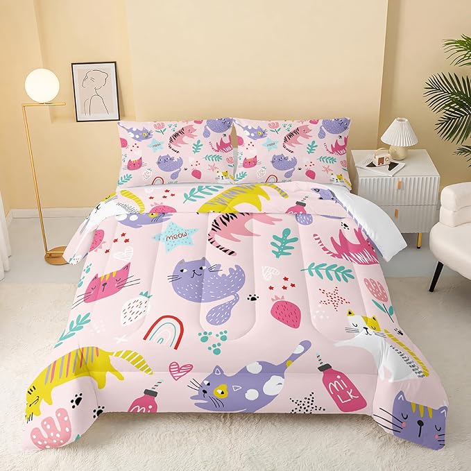 Kawaii Cats Comforter Queen Size,Pink Cats Kids Comforter Set,3Pcs Bedding Set Printed Comforter with 2 Pillowcases,Down Alternative,Soft and Lightweight,for All Seasons