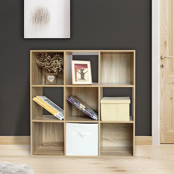 PACHIRA US 9 Cube Storage Bookcase, Unit Shelf, Wooden Closet Cabinet, Bookshelf File Organizer Rack in Living Room, Bedroom, Study, each cube 28.5 cm,Oak