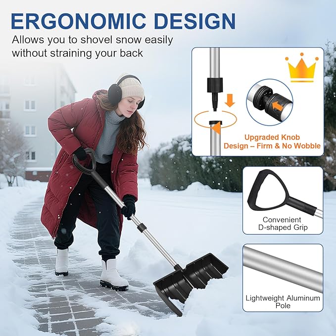 Ergonomic Large Snow Shovel for Driveway: 48-Inch Dual-Lock Knob Anti-Wobble Handle, 16" Plastic Blade w/Metal Edge, Ultra-Light 1.9 lb, Portable Aluminum Shaft, Car, Camping & Emergency, Black