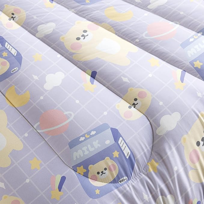 Bear Comforter Full Size,Kawaii Comforter Set for Kids Teens Girls,3Pcs Bedding Set Printed Comforter with 2 Pillowcases,Down Alternative,Soft and Lightweight(Purple，Full Size)