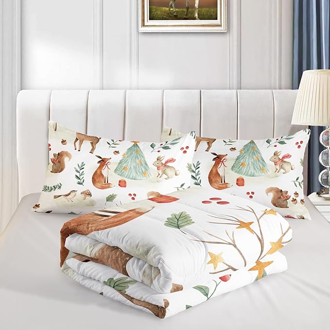 Wild Animal Comforter Full Size,Rabbit Deer Comforter Set for Kids Teens Girls Boys,3Pcs Bedding Set Printed Comforter with 2 Pillowcases,Down Alternative,Soft and Lightweight，Full Size