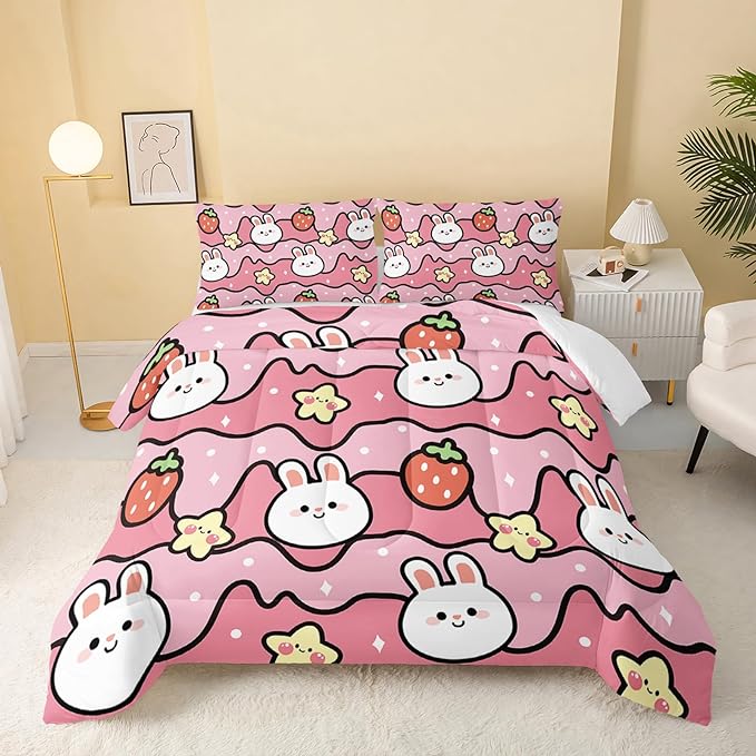 Kawaii Rabbit Comforter,Strawberry Rabbit Comforter Set for Kids Teens Girls,3Pcs Bedding Set Printed Comforter with 2 Pillowcases,Down Alternative,Soft and Lightweight(Pink，Queen Size)