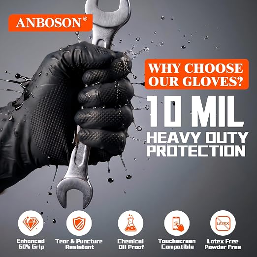 ANBOSON 10 Mil Heavy Duty Industrial Nitrile Gloves, Black Medium 500 Count | 500 Ct Diamond Texture, Disposable Latex Free Rubber Gloves for Auto Repair,Workshop,Warehouses,Chemical Handling Industrial