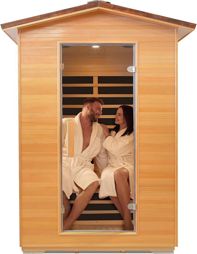 Outdoor Sauna Far Infrared Saunas Dry Sauna Room Canadian Hemlock Wood Wooden Sauna Spa 1950W Low-EMF with Cup Holder and Towel Rack for Two Person 47 * 39 * 82inch