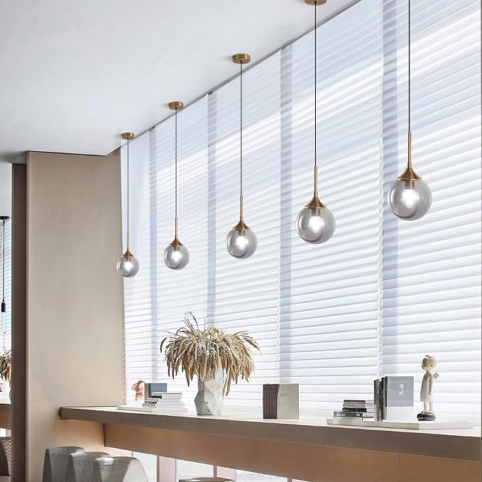 KCO Lighting 2 Pack Brass Gold Small 7.1” Smoky Glass Globe Pendant Lights | E26 Adjustable Cord for Sloped Ceilings, Mid Century Modern Gold Hanging Light Fixture for Kitchen Island Sink Dining Table
