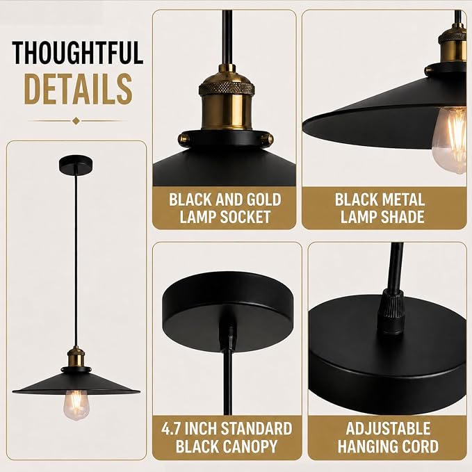 KCO Lighting 14.2” Industrial Black Dome Pendant Light Modern Farmhouse Kitchen Pendant Lighting Over Island Mid Century Hanging Light Fixture for Dining Room Living Room Cafe