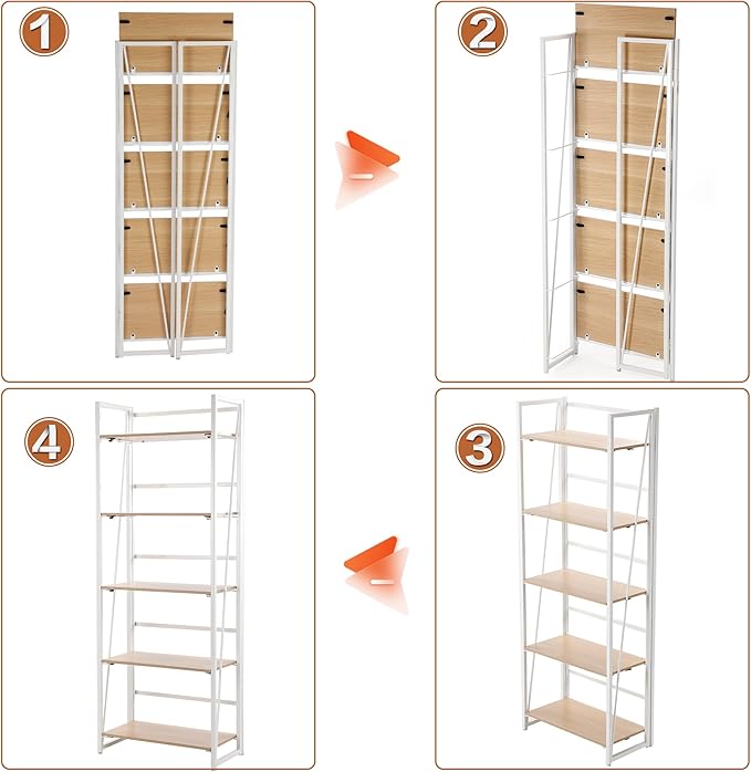 No-Assembly Folding Bookshelf Storage Shelves 5 Tiers Foldable Vintage Multifunctional Plant Flower Stand Storage Rack Shelves Bookcase for Home Office, White