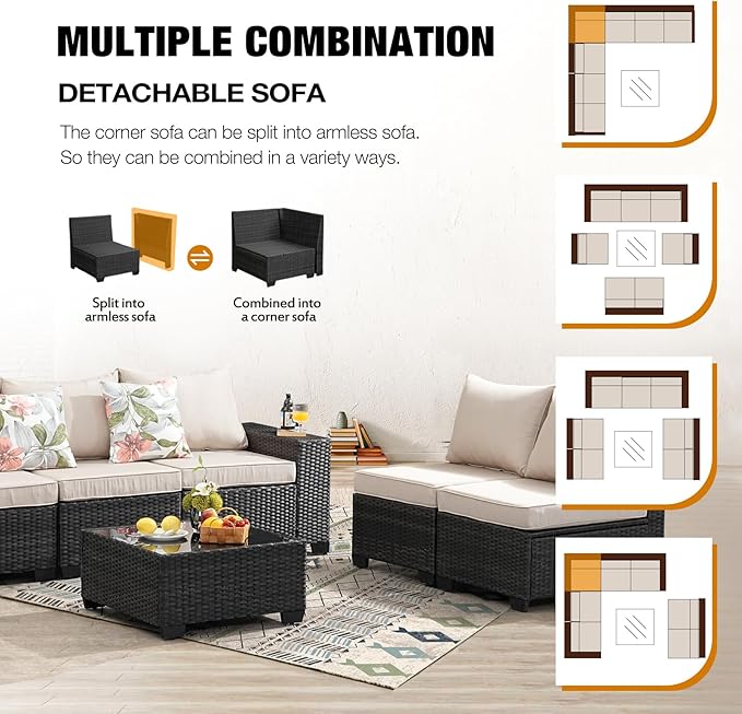 8 Pieces Patio Furniture Set All-Weather Outdoor Wicker Sectional Conversation Sofa Rattan Patio Seating Sofa with Cushion and Glass Table for Porch Poolside,Beige