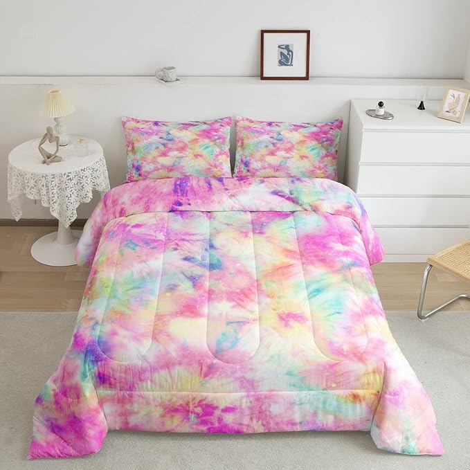 Erosebridal Kids Tie Dye Comforter Set, Bohemian Batik Down Comforter Full Size, Boho Psychedelic Bedding Comforters for Children Girls Boys Teens Bedroom, Trippy Tattoo Watercolor Quilted Duvet