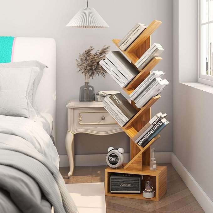 YMYNY 6 Tier Tree Bookshelf, Tall Bookcase, Wood Book Storage Rack with Drawer, Modern Floor Standing Book Shelf for Books/Movies/CDs, Utility Organizer for Living Room, Home Office, Natural UHBC016N