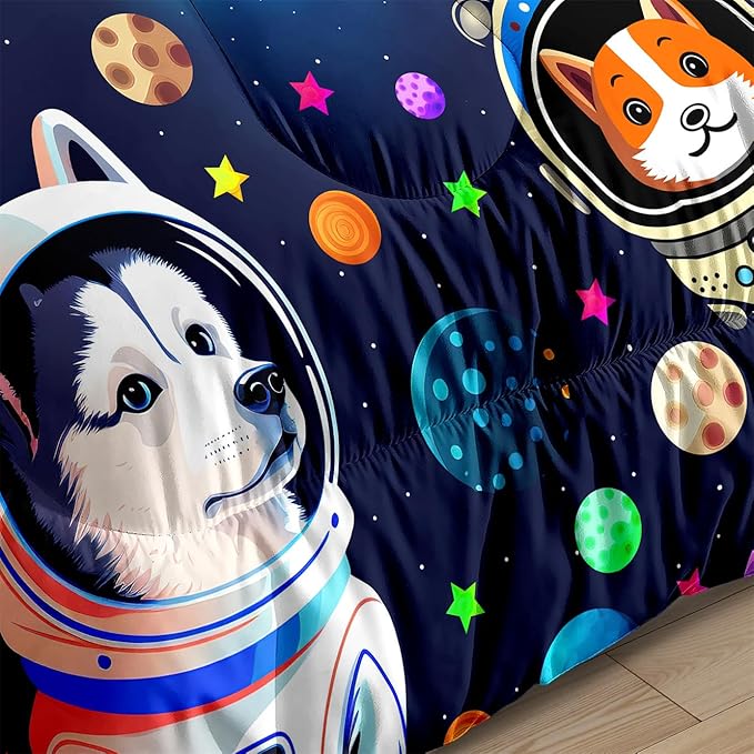 Dogs Full Size Bedding Set - 3Pcs Cute Dogs Comforter Set for Boys Ultra Soft Universe Corgi Husky Alaska Pattern Bedding Set for Kids Girls Boys Lightweight Blue-Black Reversible for All Season