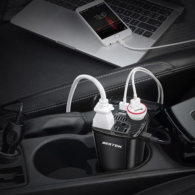 BESTEK 200W Car Power Inverter, Car Plug Adapter Outlet Converter with 2 AC Outlets, Dual 4.5A USB Charging Ports, Cup Holder Car Inverter with Cigarette Lighter Socket for Laptop, Computer