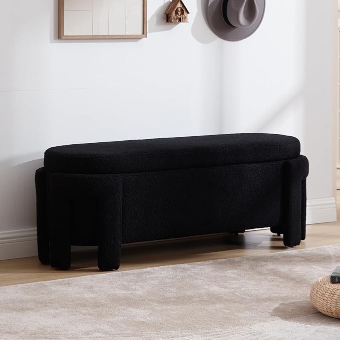 Modern Upholstered Storage Bench, Sherpa Fabric 50" Long Entryway Bench with Storage and Seating, Comfy Cute Ottoman Bench for Living Room/End of Bed/Hallway, Black