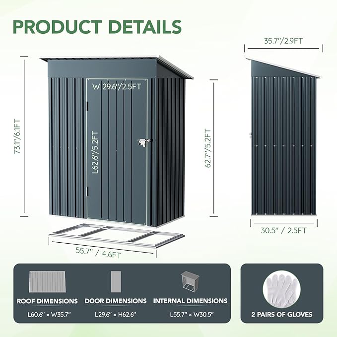 5X3X6.1FT Outdoor Steel Storage Shed with Frame Floor and Lockable Doors, Ideal for Garden, Backyard, Patio Storage