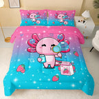 Kawaii Axolotl Comforter,Pink Salamander Comforter Set for Kids Teens Girls,3Pcs Bedding Set Printed Comforter with 2 Pillowcases,Down Alternative,Soft and Lightweight(Pink，Full Size)