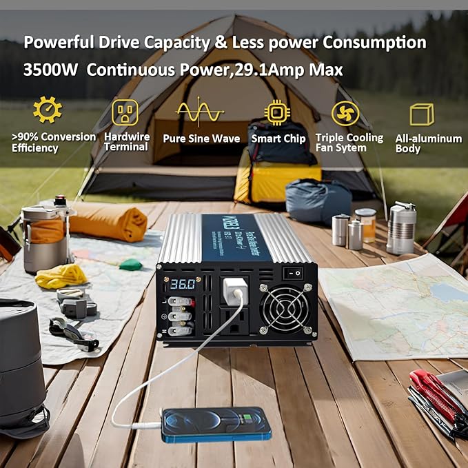 WZRELB 3500W Pure Sine Wave Inverter 36V DC to 110V 120V AC Power Converter with LED Display, Hardwire Terminal,Off-Grid Portable Power Inverter with Dual AC Outlets for Home, RV, Truck, Camping