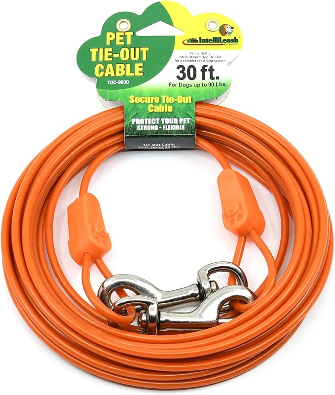 30FT Tie-Out Cables for Dogs - Strong, Safe, and Durable Dog Tie-Outs for Small Dogs up to 90 Pounds - Weather and Wear Resistant Galvanized Aircraft Cable for Outside Use