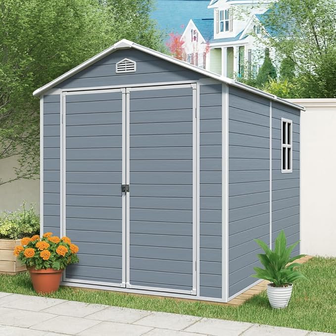 6x8 FT Outdoor Storage Shed, Resin Garden Shed with Thick Floor, Plastic Storage Shed with Window, Waterproof Outside Tool Shed with Lockable Hinged Doors for Backyard, Patio, Lawn, Light Gray