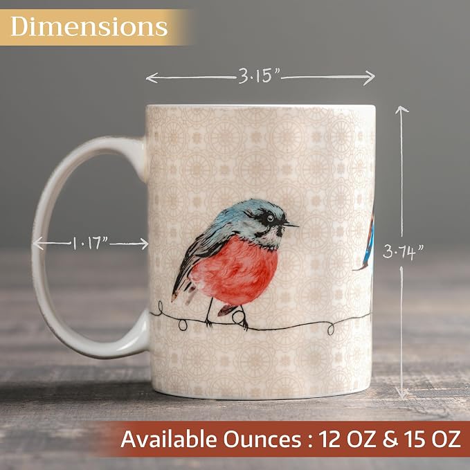 Maison d' Hermine Coffee Mug with Handles Tea Cups (12 Ounce, Pack of 2) | Fine Bone China Coffee Mugs for Hot Beverages Cappuccino Latte Home Restaurant Hotel Spring Summer -Birdies on Wire
