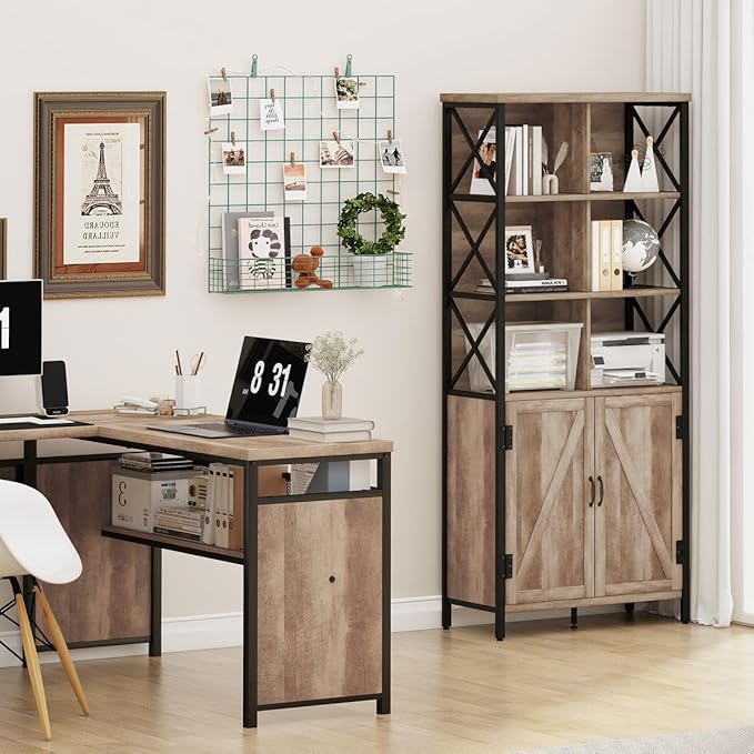 FATORRI Bookshelf with Doors, Rustic Tall Bookshelf with Cabinet, Industrial Farmhouse Book Shelf and Cube Organizer Bookcase for Living Room (Rustic Oak)