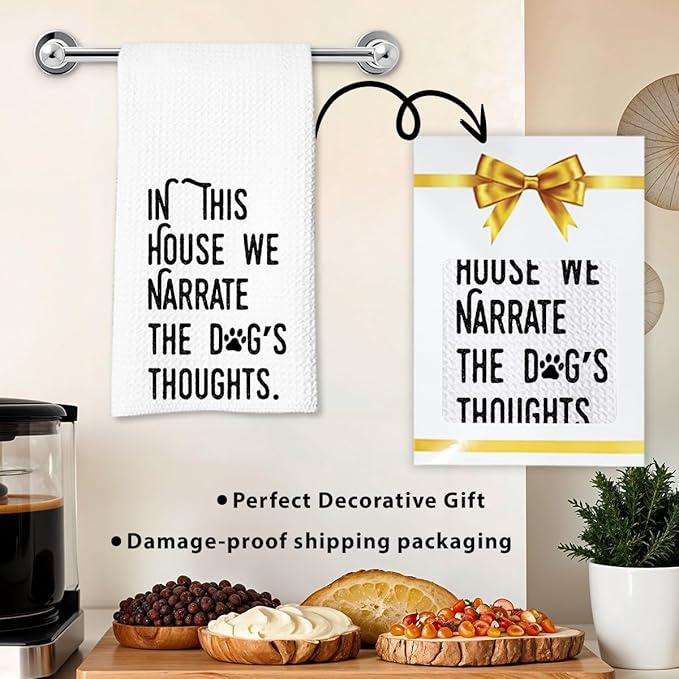Dog Kitchen Towel, Waffle Weave Microfiber Dish Towel, in This House We Narrate The Dog's Thoughts, Funny Pet Decor Gift for Dog Moms, Animal Lovers