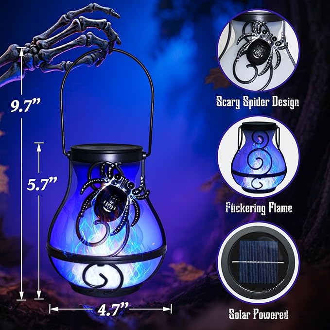 2 Pack Halloween Lights Outdoor Spider Hanging Solar Lantern Flickering Flame Lights Garden Patio Porch Halloween Party Decoration