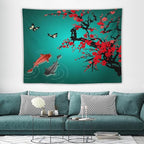 Houselerax Japanese Koi Fish Tapestry, Cherry Blossoms Asian Oriental Green Teal Floral Branch Koi Fish Carp Tapestries Wall Hanging for Bedroom Living Room Office Decor 80"x60"