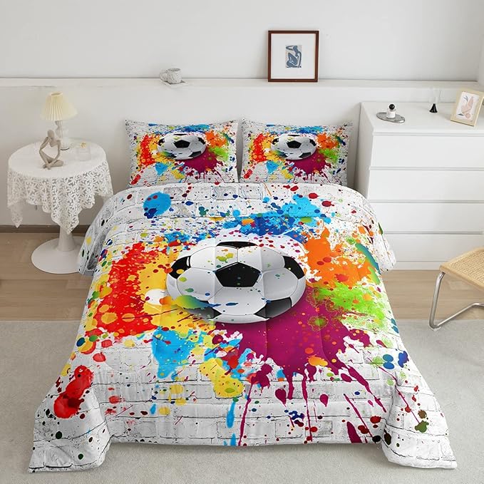 Feelyou Football Bedding Set Rugby Sports Comforter Set Soccer Ball Game Comforter for Boys Girls Teens Decor Gift for Football Lover Duvet Set Queen Size with 2 Pillow Case Boys