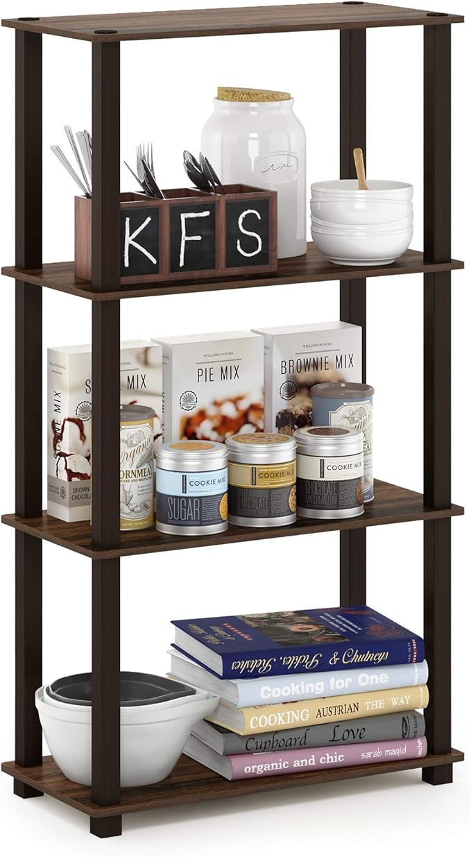 Furinno Turn-N-Tube 4-Tier Multipurpose Shelf Display Rack, Square Tube, Walnut/Brown