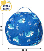Stuffed Animal Storage Bean Bag Chair Cover, Hold Kids Plush Toys Blankets Towels Beanbag (Cover Only), Canvas Floor Circle Stuff Sit Seat Sofa with YKK Zipper, Large 32", Blue Shark