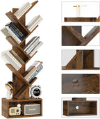 YMYNY 6 Tier Tree Bookshelf, Tall Bookcase, Wood Book Storage Rack with Drawer, Modern Floor Standing Book Shelf for Books/Movies/CDs, Utility Organizer for Living Room, Office, Rustic Brown UHBC016H