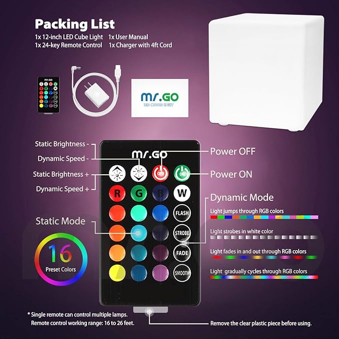Mr.Go 12-inch Rechargeable Magic LED Light Cube Stool with Remote Control Fun Mood Lamp Soothing Night Light Decorative Lighting for Home Kids Bedside Bedroom Nightstand Nursery Pool Party