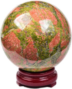 JIC Gem Large Real Crystal Ball with Decoation Stand Unakite Gemstone Sphere Ball for Meditation Energy Reiki Decoation Ball (90-100mm)