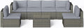 SUNVIVI OUTDOOR 7 Piece Patio Furniture Sets All Weather Gery PE Wicker Couch Sofa with Glass Table, Removable Grey Cushions