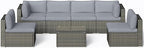 SUNVIVI OUTDOOR 7 Piece Patio Furniture Sets All Weather Gery PE Wicker Couch Sofa with Glass Table, Removable Grey Cushions