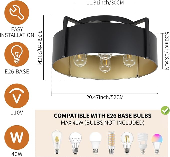 20'' Black Semi Flush Mount Ceiling Light, Modern Farmhouse Hallway Entryway Light Fixtures, 4-Light Rustic Foyer Lighting Fixtures Ceiling Lights for Kitchen Island Bedroom Dining Room