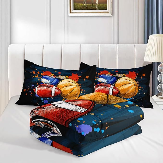 Axolotl Ball Game Bedding Set Full,Basketball Comforter Set Sports Bedding,Volleyball Comforter Set Soccer Bedding,Football Comforter Colorful Grunge Style for Kids Boys Teens,1 Quilt 2 Pillowcases