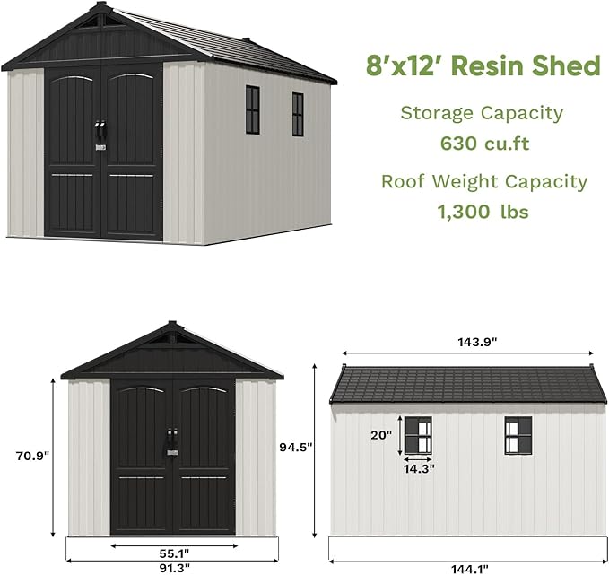 Patiowell 8x12 FT Outdoor Storage Shed, Plastic Shed Resin Garden Shed with Floor & Window & Lockable Door for Patio Furniture, Backyard Tools, Bicycles & Lawnmower, Beige