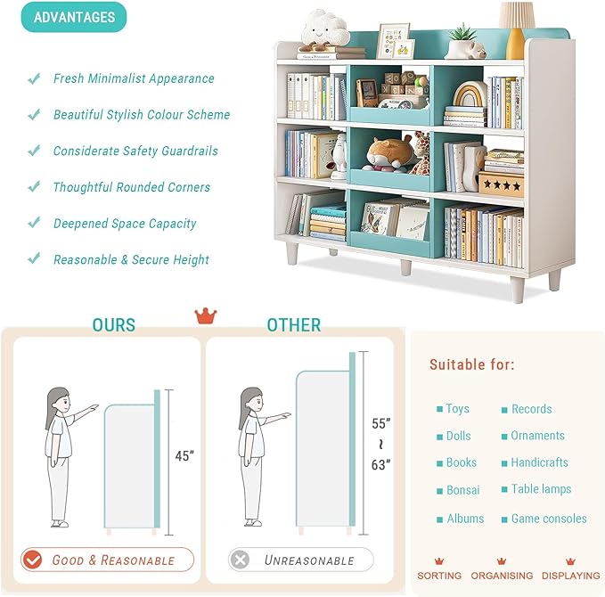 Wooden Cube Bookcase with Legs - 3-Tier Open Shelf Kidsroom Sorted Storage Cabinet Organizer for Books and Toys, 9-Cube Lattice Cute Cubby Bookshelf in White Mixed Westlake Blue, 39" W