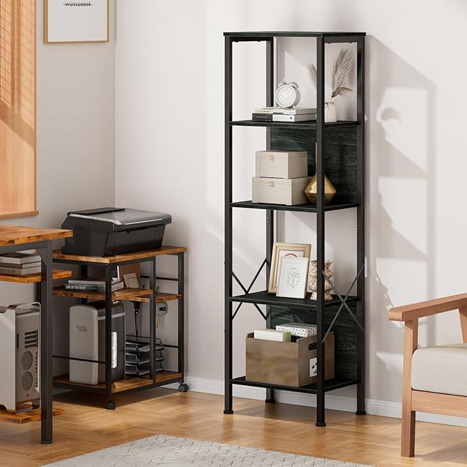 Furologee 5 Tier Tall Bookshelf with Back, Industrial Narrow Bookcase, Display Standing Shelf Units, Metal and Wood Storage Corner Shelves Organizer for Bedroom, Living Room, Entryway, Kitchen, Black